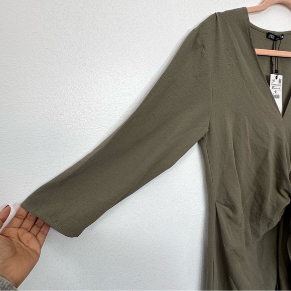 NWT Zara Minimalist Front Knot Loose Fitted Midi Dress Olive Green Sz M - Picture 6 of 12